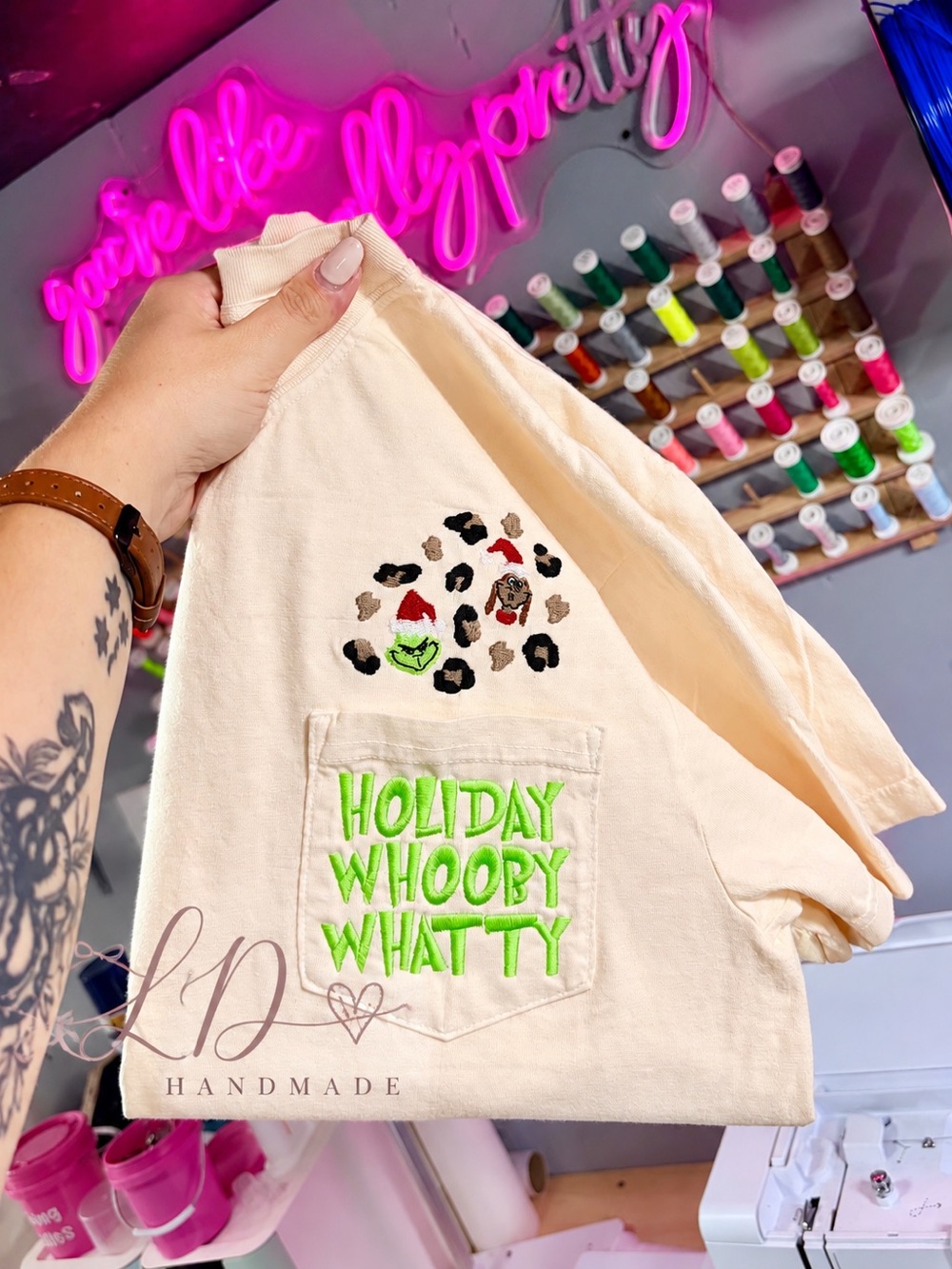 Comfort Colors Cream Short Sleeve Tee with Neon Green Holiday Embroidery